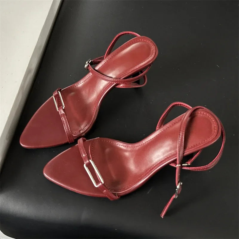 Summer Ankle Buckle Strap Women Pointed Toe Thin Highs Casual Shoes Low Heel Pumps