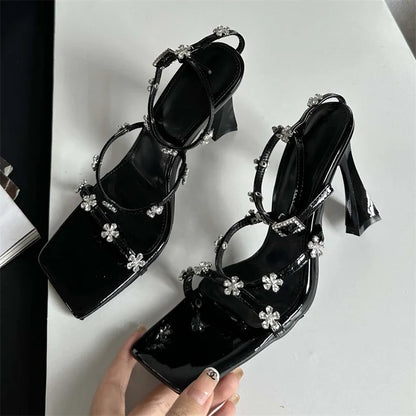 Summer Narrow Band Buckle Strap Women High Shoes Sexy Square Toe Party Dress Low Heel Pumps