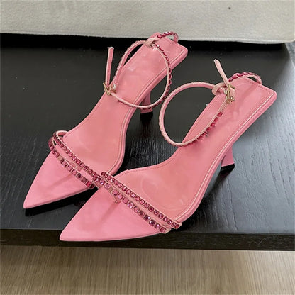 Summer Sexy Narrow Band Buckle Strap Women Pointed Toe Highs Banquet Party Shoes Low Heel Pumps