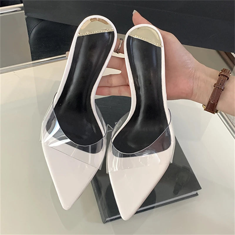 Summer Sexy PVC Transparent Slipper Women Pointed Toe Slides Stripper Sandal Thin Mule Shoes Low Heel Pumps