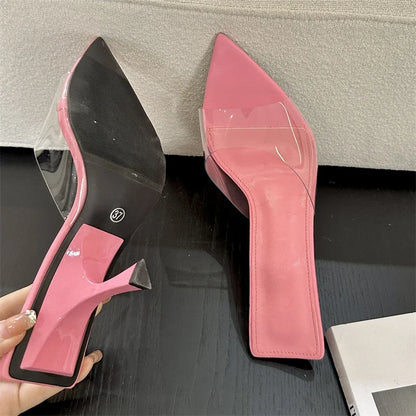 Summer Street Style PVC Transparent Highs Pointed Toe Women Slippers Fashion Party Shoes Low Heel Pumps