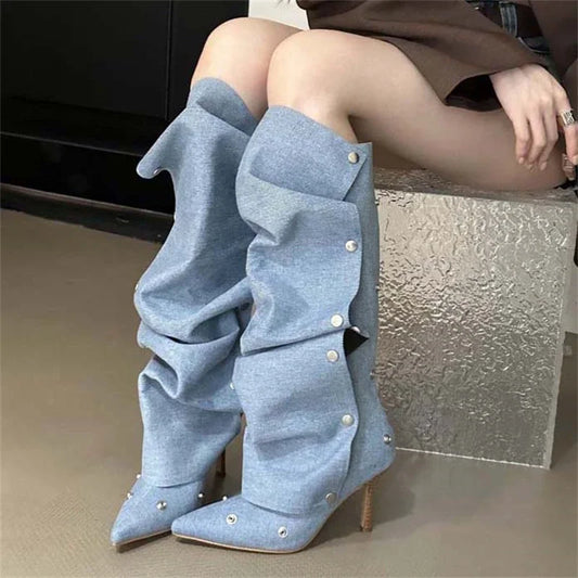 Winter Pleated Button Strap Sexy Pointed Toe Thin Heels Stripper Knee High Boots