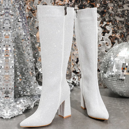 Winter Sequin Cloth Pointed Toe Heels Banquet Zipper Party Knee High Boots