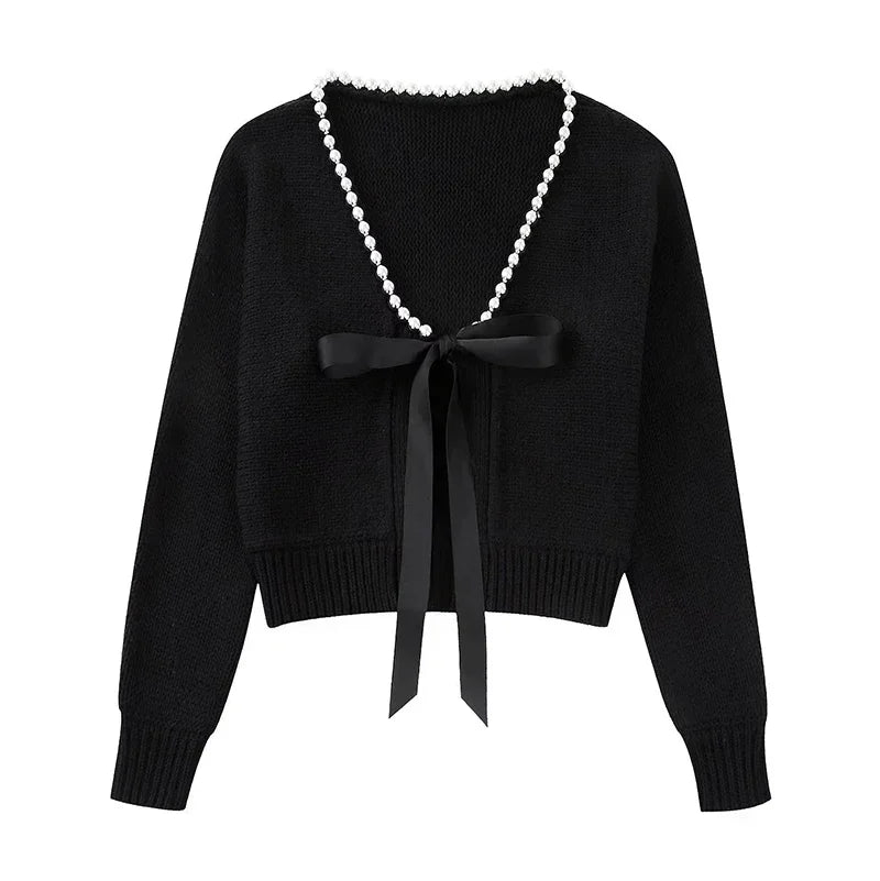 Elegant Bow Pearl Long Sleeve V Neck Loose Female Spring Fashion Black Soft Cardigan