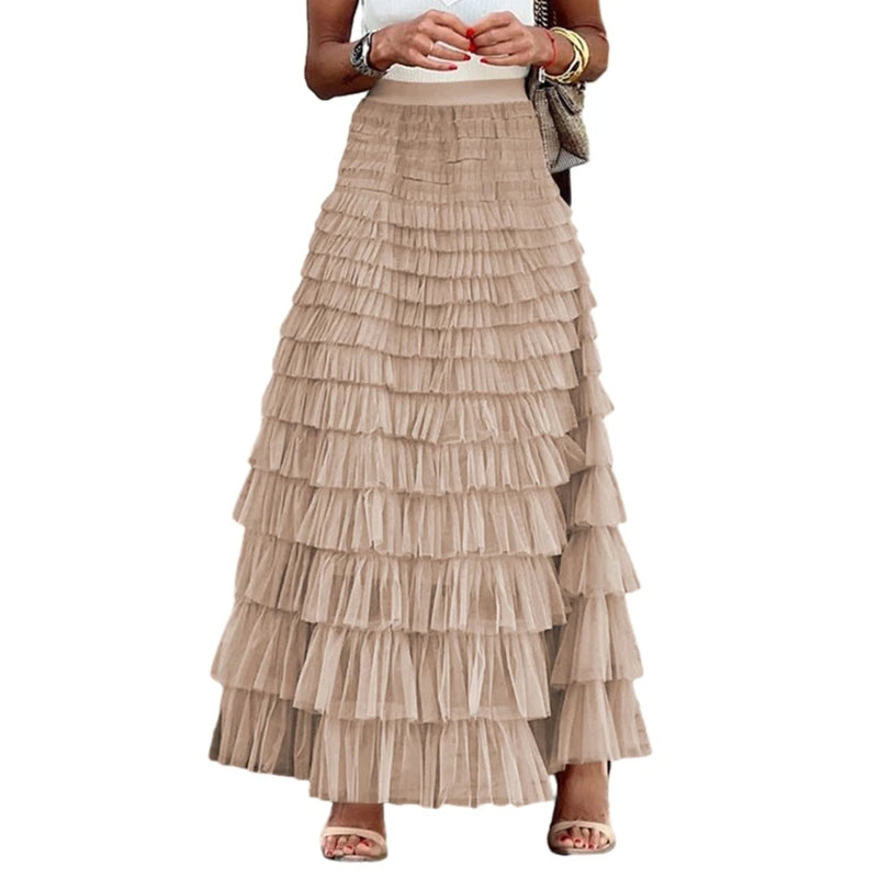 Elegant Fairy Tulle Tiered Elastic High Waist Mesh Ruffle Layered Long Skirt