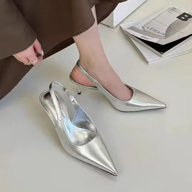 Elegant Silver Summer Slingbacks Pointed Party Solid Stylish Low Heel Pumps