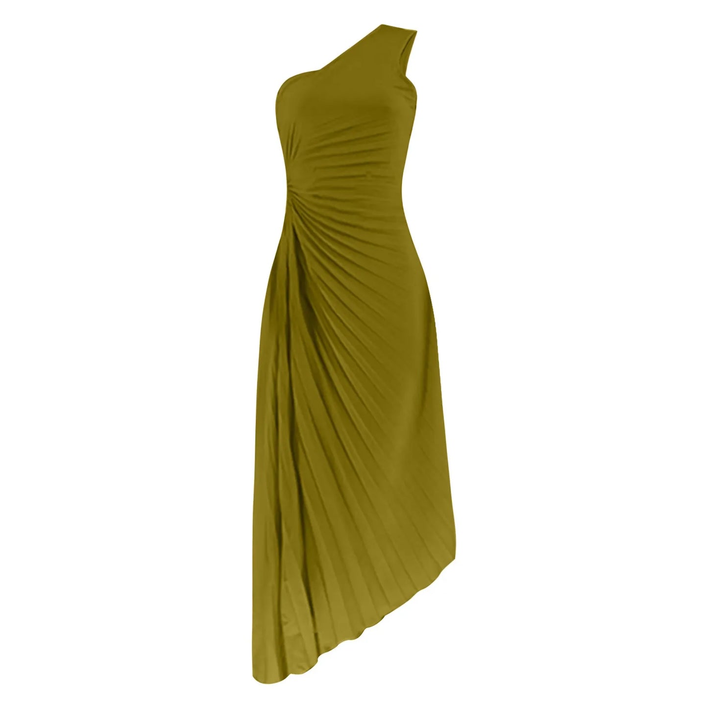 Elegant One Shoulder Pleated Simple Sleeveless High Waist Long Formal Party Summer Casual Dress