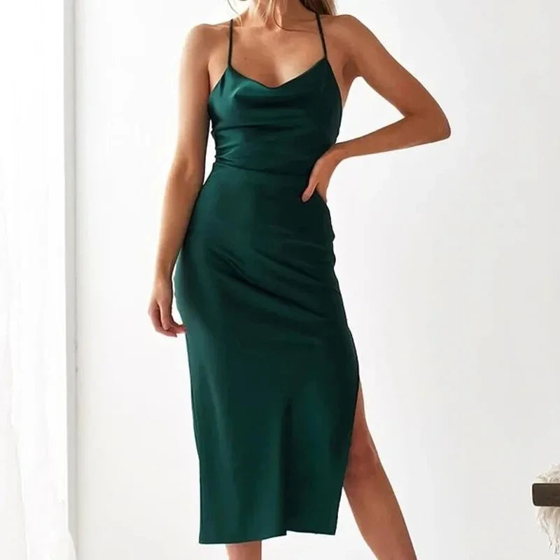 Green Satin Long Backless Evening Dress for Summer and Christmas Parties