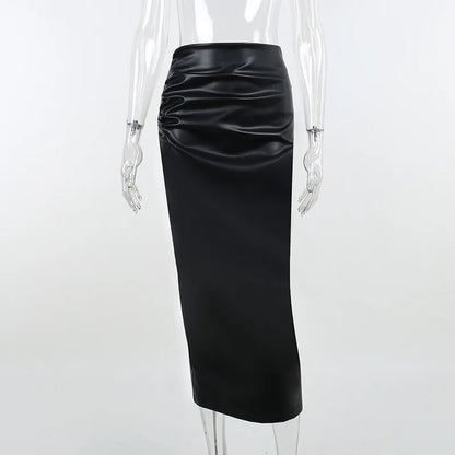 Elegant Office Lady Fashion Ruched PU Leather Slim High Waist Skirt