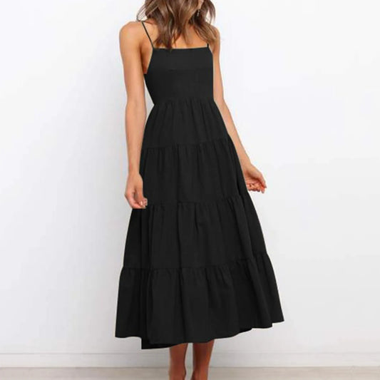 Elegant Spaghetti Strap Summer Backless Ruffles Beach Casual Black Dress