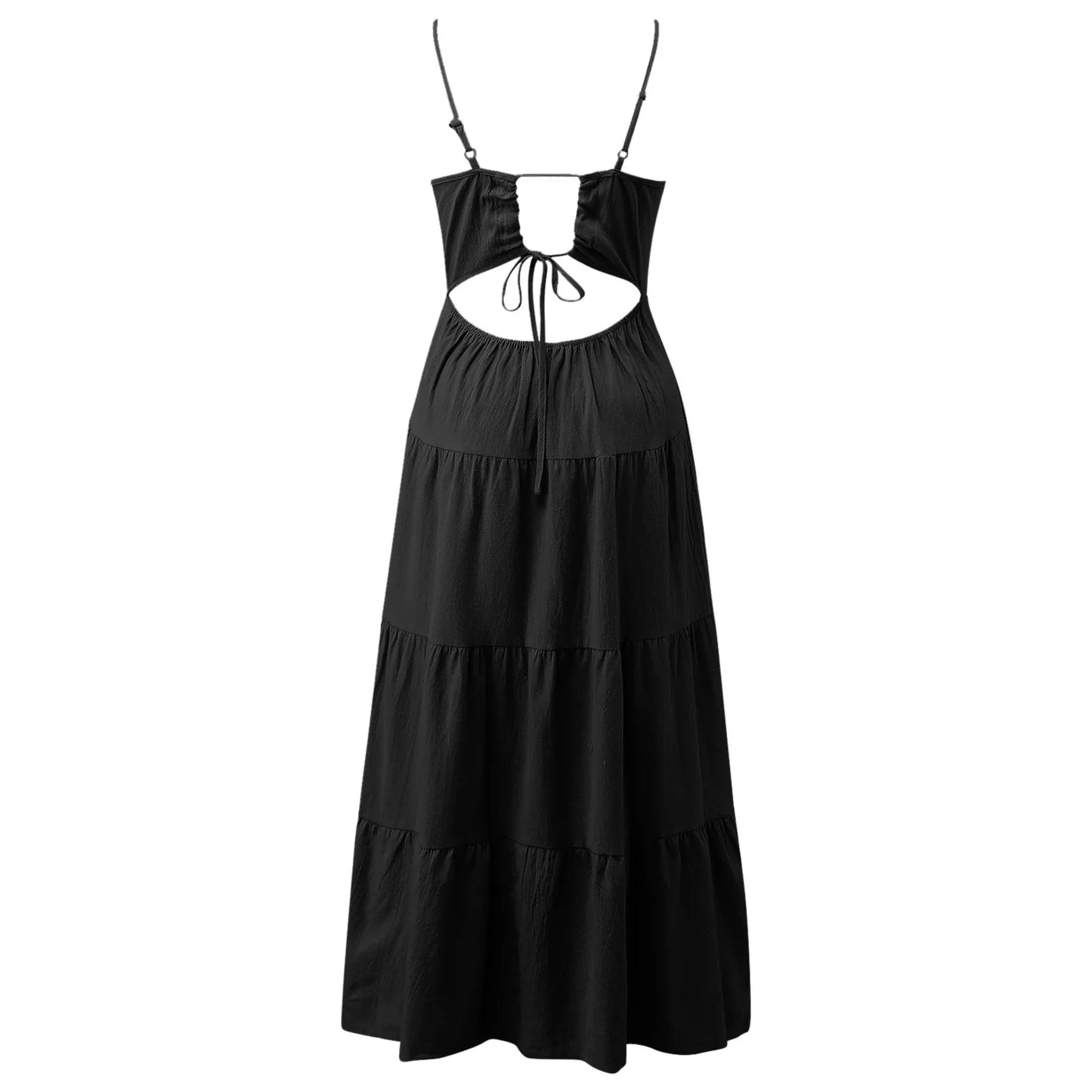 Elegant Spaghetti Strap Summer Backless Ruffles Beach Casual Black Dress