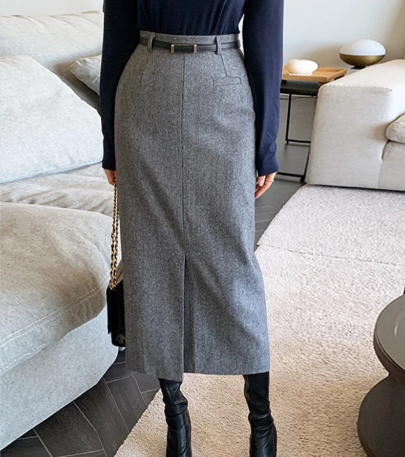 Elegant Striped Faux Wool Belted Casual High Waist A-Line Skirt