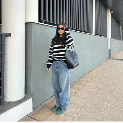 American Style Fashion Casual Long Striped Knitted Sweater