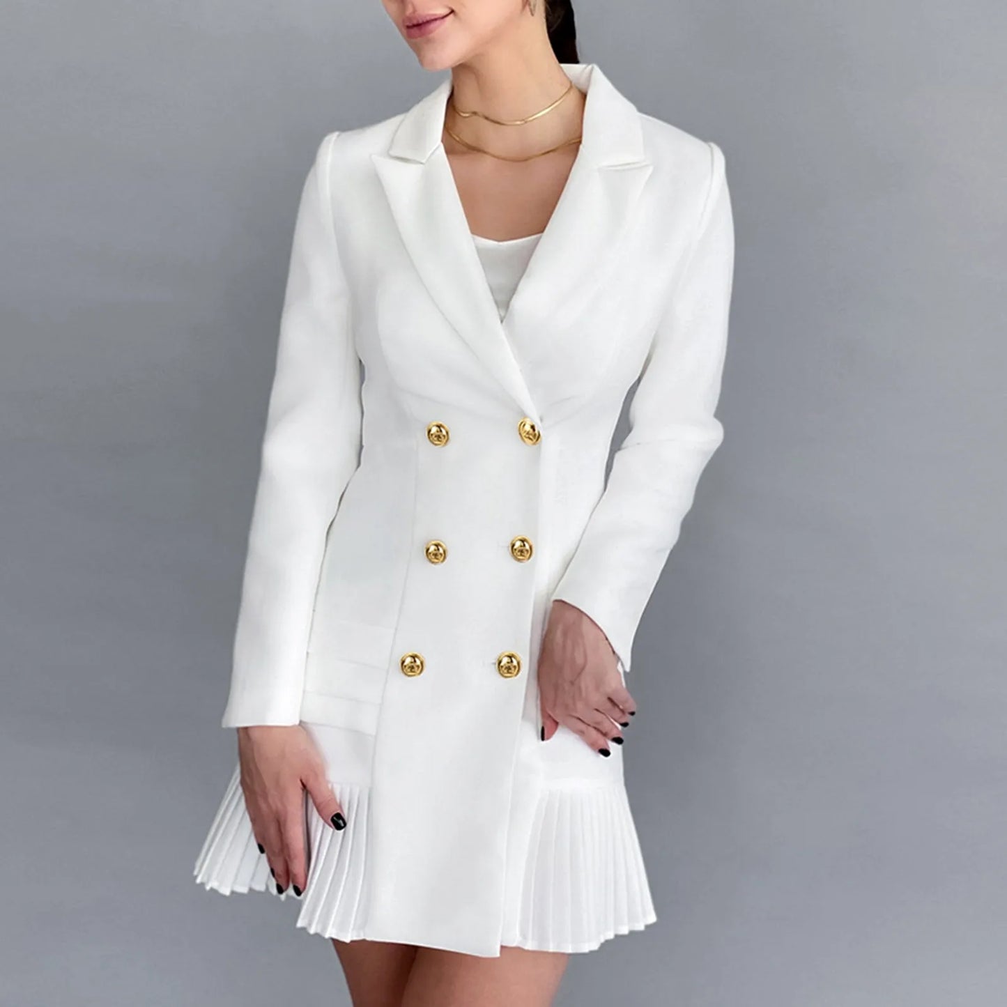 Office Elegant Runway Designer Fashion Double Breasted Notched Collar A Line Long Sleeve 2024 Dress