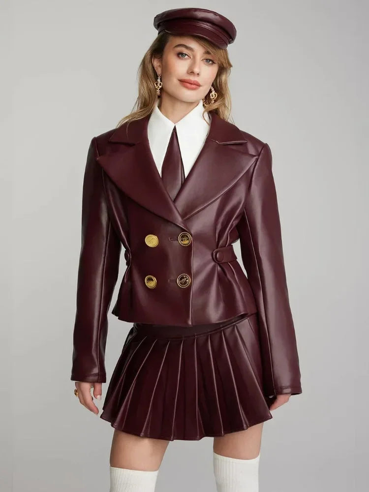 Fashion Chic High Pleated Mini Lapel Double-breasted Female New Coat