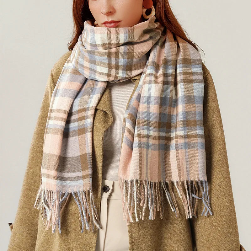 Vintage Plaid Cashmere Knit Tassel Scarf for Women