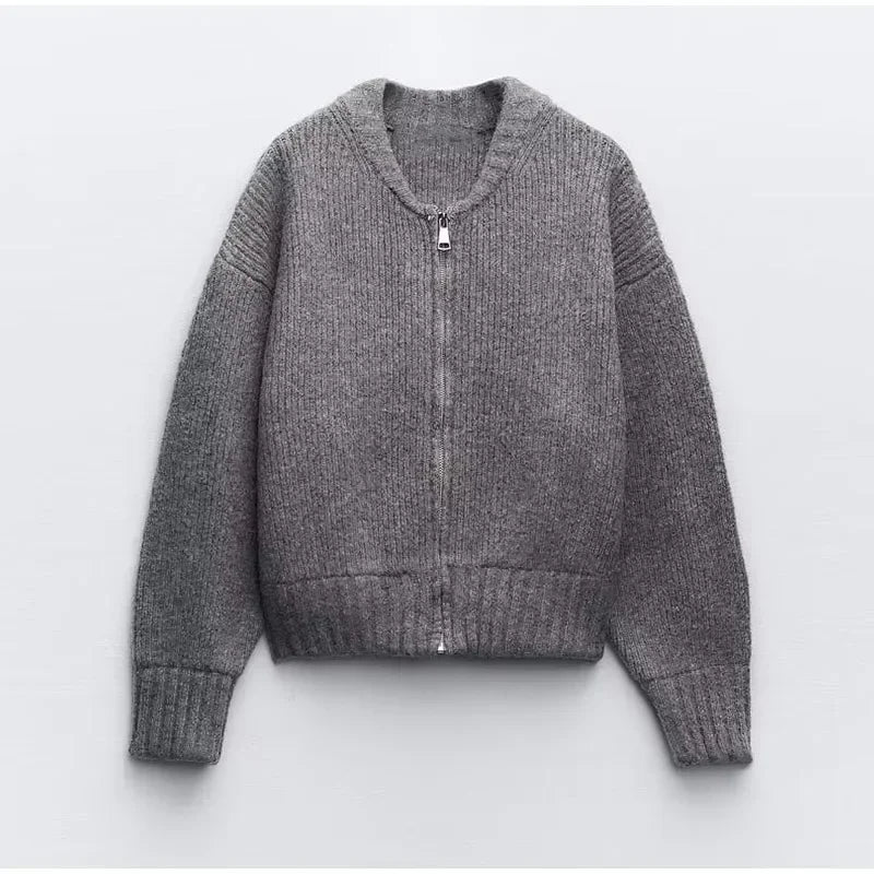 Fashion Grey Spring Long Sleeve Pleated Female Elegant Casual Cardigan