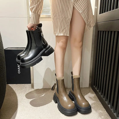 Fashionable Pu Platform Modern Round Toe Stretch Ankle Boot