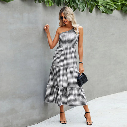 Fashionable One Shoulder Sleeveless Gingham Print 2024 Summer Casual Loose Holiday Elegant Woman Party Dress