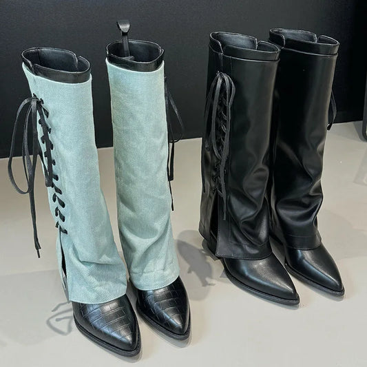 Fashion Pointed Toe Heels Designer Lace Up Footwear Western Knee High Boots