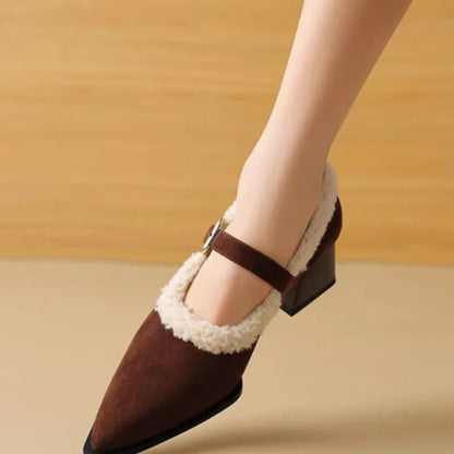 Pointed Toe New Comfortable Square Shal Mouth Plush Warm Winter High Low Heel Pumps