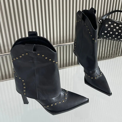 Riveted Modern Chelsea Pointed Toe Heeled Ankle Boot