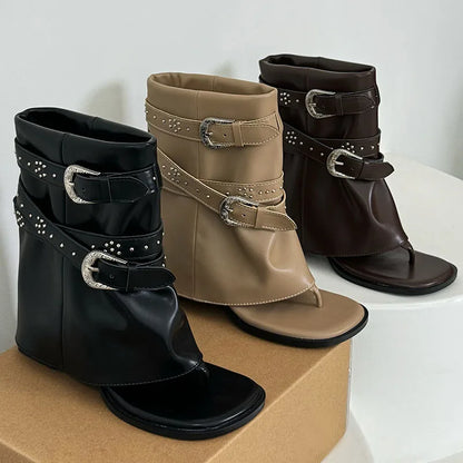 Riveted Square Heel Western Flip Flop Buckled Ankle Boot