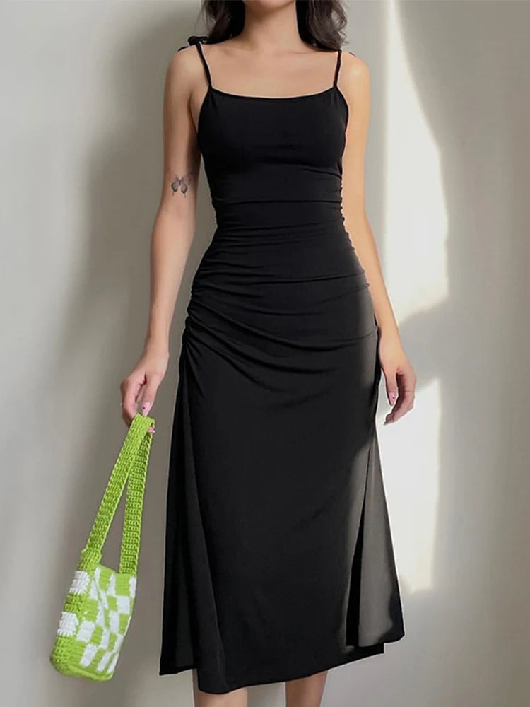 Fashion Strappy Black Irregular Backless Summer Clothes Midi Dresses