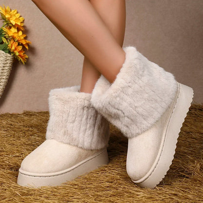 Fashion Women Round Toe Warm Thickened Plush Winter Beige Mid-calf Boots Thick Sole Casual Comfortable Anti-slip Women Snow Boot