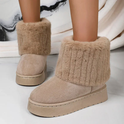 Fashion Women Round Toe Warm Thickened Plush Winter Beige Mid-calf Boots Thick Sole Casual Comfortable Anti-slip Women Snow Boot