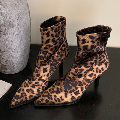 Leopard Print Stretch Zippered Pointed Toe Heeled Ankle Boot