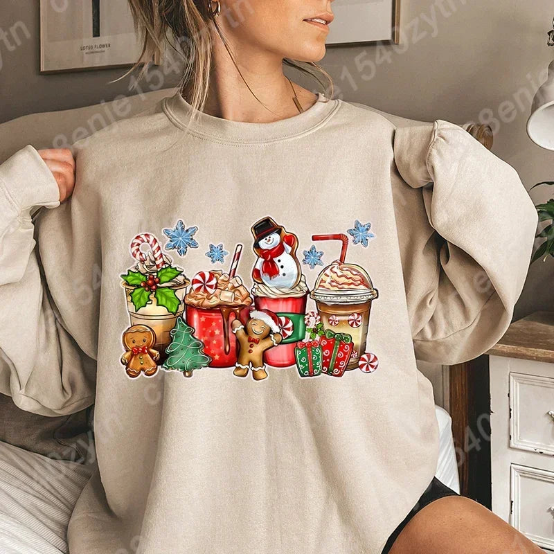 Vintage Style Christmas Hoodie - Festive Beverage Print Casual Fashion