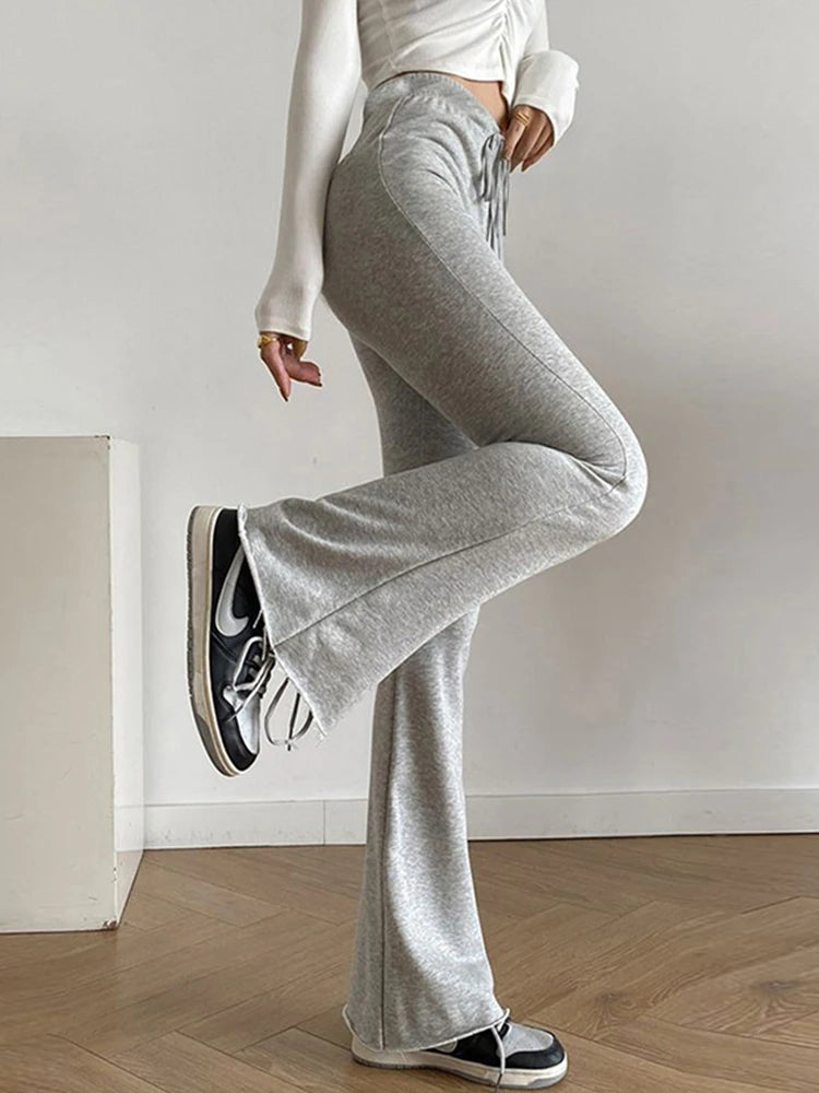 Elastic High Waist Sports Tie Up Flared Leggings Sweatpants