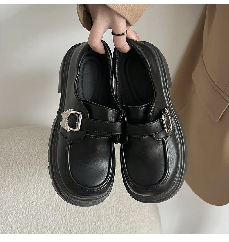 Black Fur Round Toe Shallow Mouth Platform Autumn Casual Oxfords Sneakers Loafers