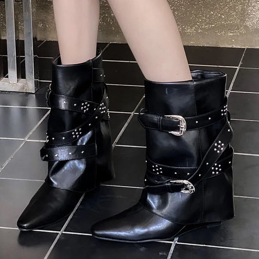 Riveted Autumn Winter Wedged Short Modern Buckled Ankle Boot