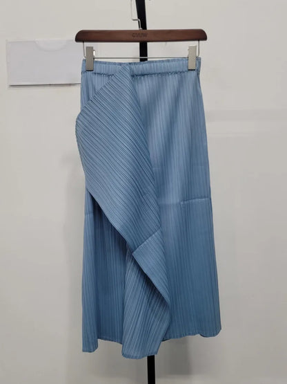 Splited Irregular Pleated Solid Color Elastic Waist Elegant Skirt