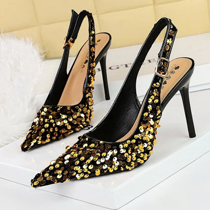 Glitter Luxury Pointed Toe Golden Thin Heels Party Dress High Heel