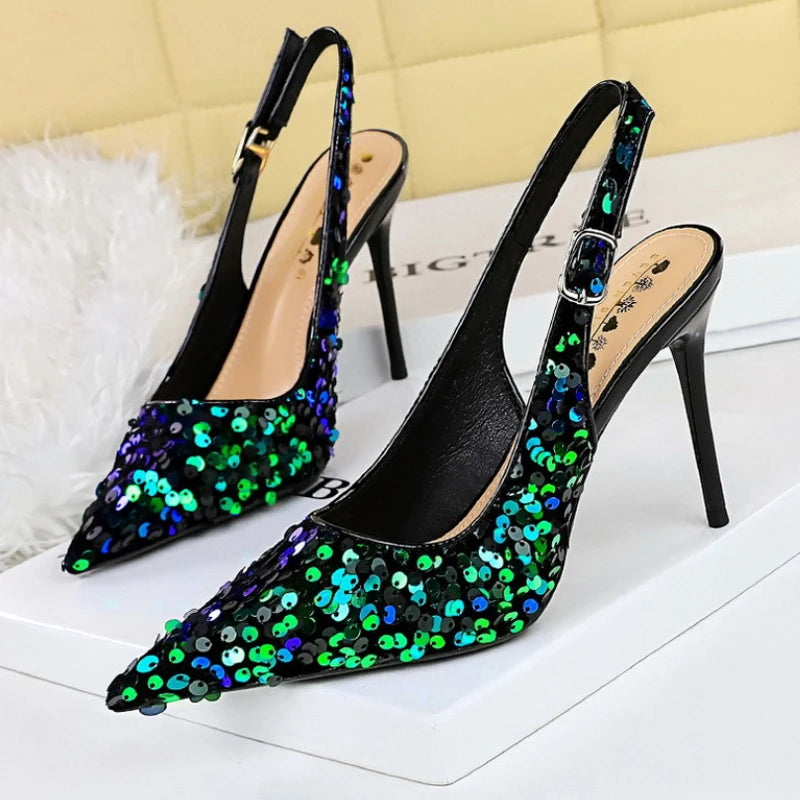 Glitter Luxury Pointed Toe Golden Thin Heels Party Dress High Heel