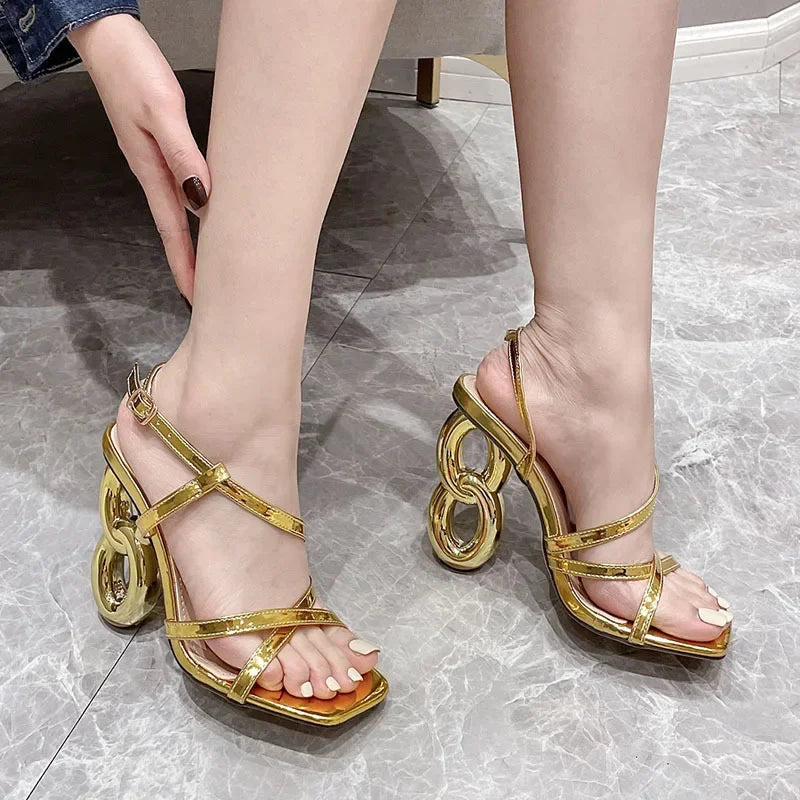 Glamorous Gold Gladiator High Heel Summer Narrow Band Square Toe High Heel