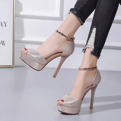 Gold/Silver Sexy Peep Toe Platform Buckle Strap Rhinestone High Heel High Heel