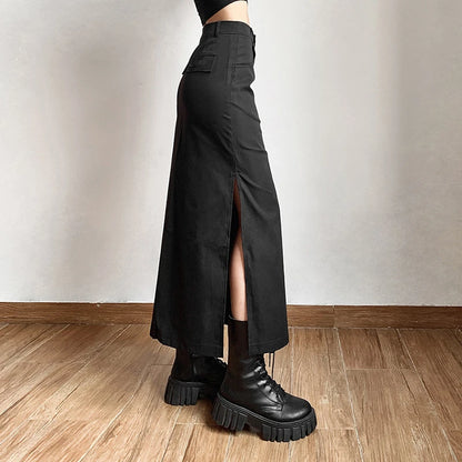 Goth Dark Streetwear Black Y2k Cargo Midi Grunge Gothic Split Sexy High Waist Skirt