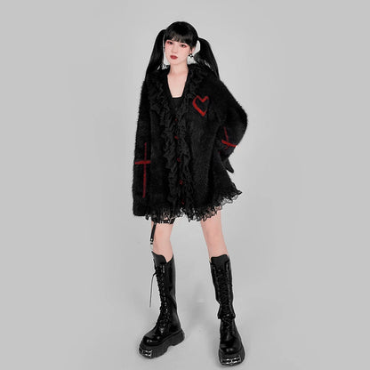 Gothic Black Red V-neck Loose Punk Oversized Cardigan