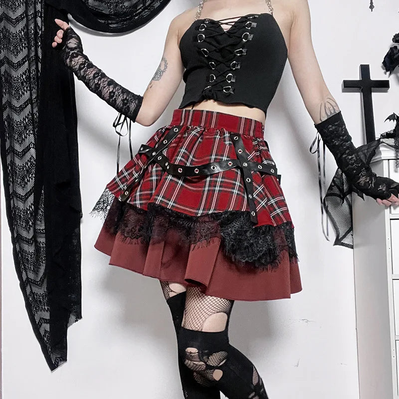 Gothic Harajuku Girls Plaid Pleated Sweet Lace Kawaii Y2k Costume Skirt