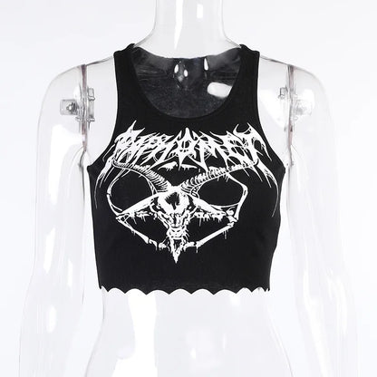 Gothic Grunge Knitted Punk Black Goat Print Crop Top