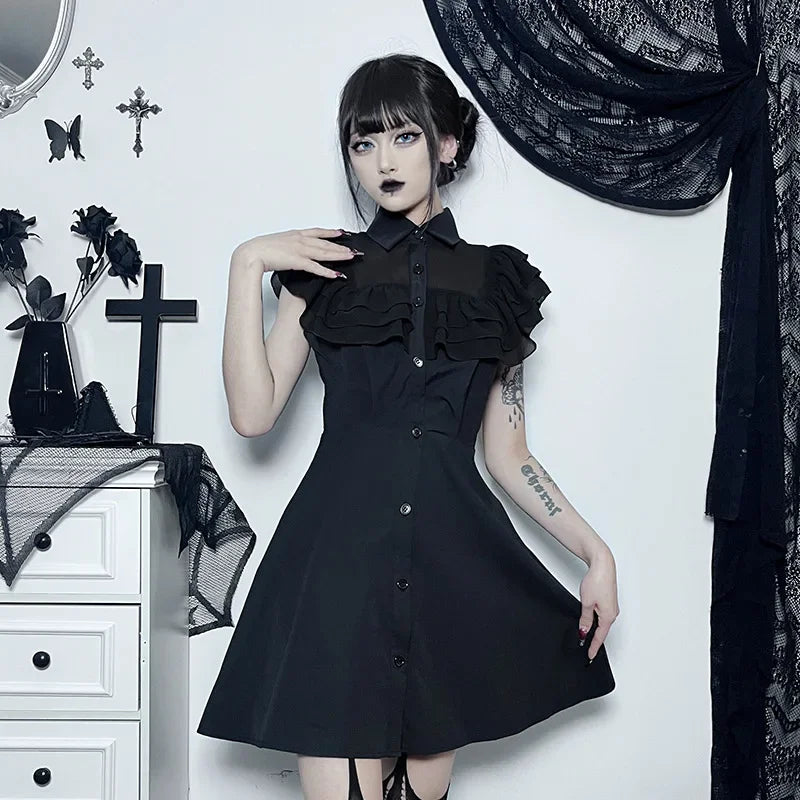 Gothic Mall Harajuku E-Girl Dress Mesh Patchwork Black Slim A-Line Sexy Party Grunge Aesthetic Streetwear Dress