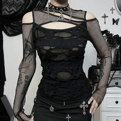 Gothic Mesh Hole Slim Fit Fishnet Sheer Mock Neck Cut Out Rave See Through Crop Top