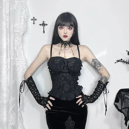 Gothic Retro Sexy Grunge Jacquard Bead Pendant Backless Crop Top