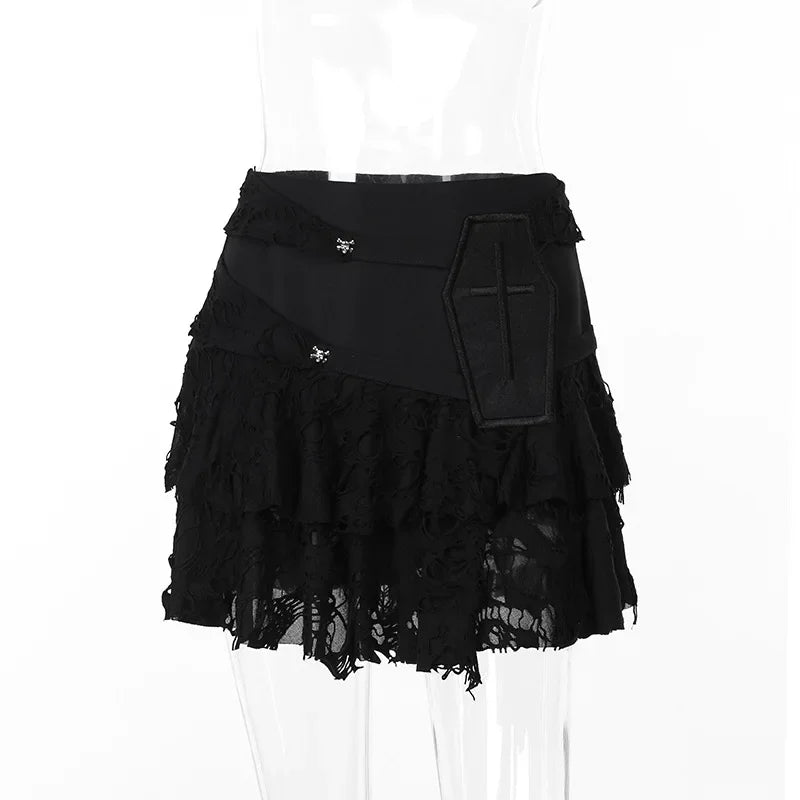 Gothic Style Sexy Lace Cake for Summer 2024 Women with Versatile Ripped Hole Fabric Skirt