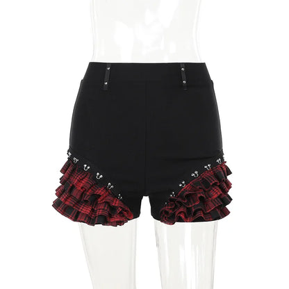 Gothic Summer 2024 New Arrival Landmine Series Plaid Patchwork Shorts Spicy Girl Halter Waist-Cinch Y2K Vest Skirt