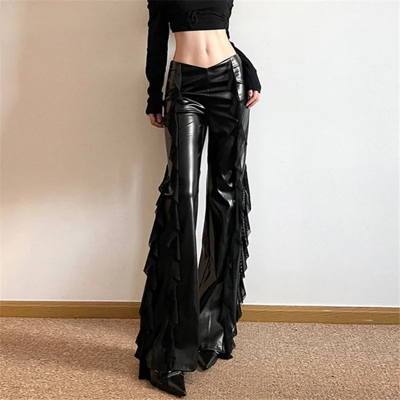 Gothic Zip Women Casual Flare Pants Faux PU Mesh Pants